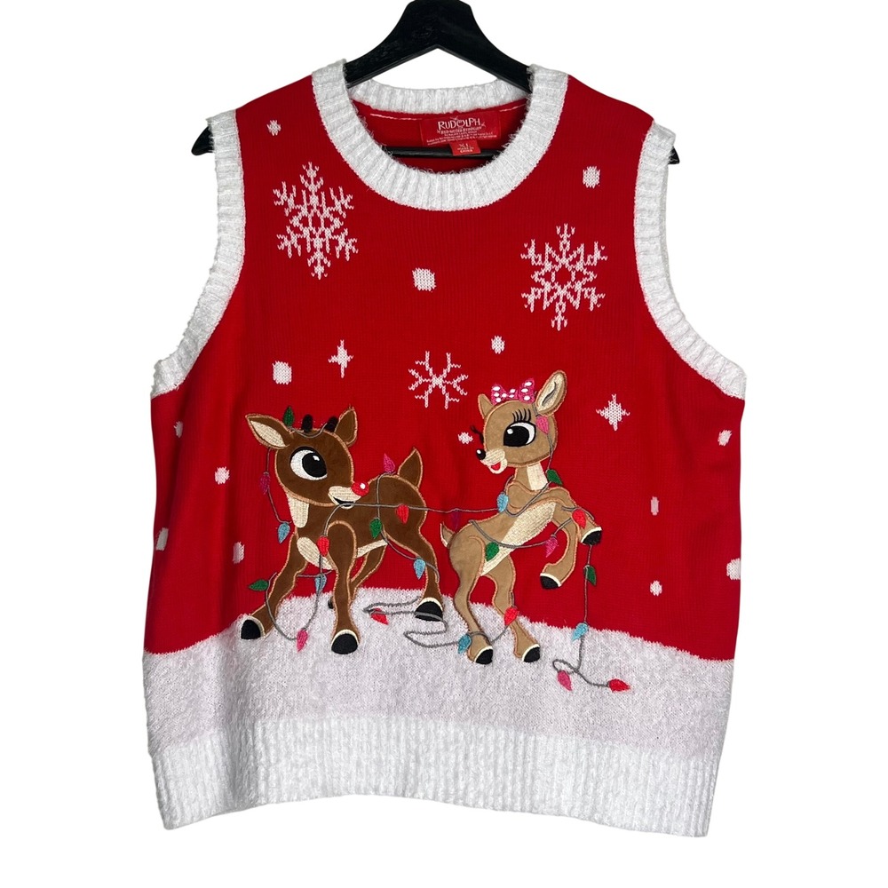 Rudolph Red-Nosed Reindeer Ugly Christmas Sweater Vest Red White Womens XL